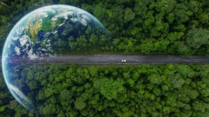 Aerial,Top,View,Globe,Planet,With,Electric,Vehicle,Car,On